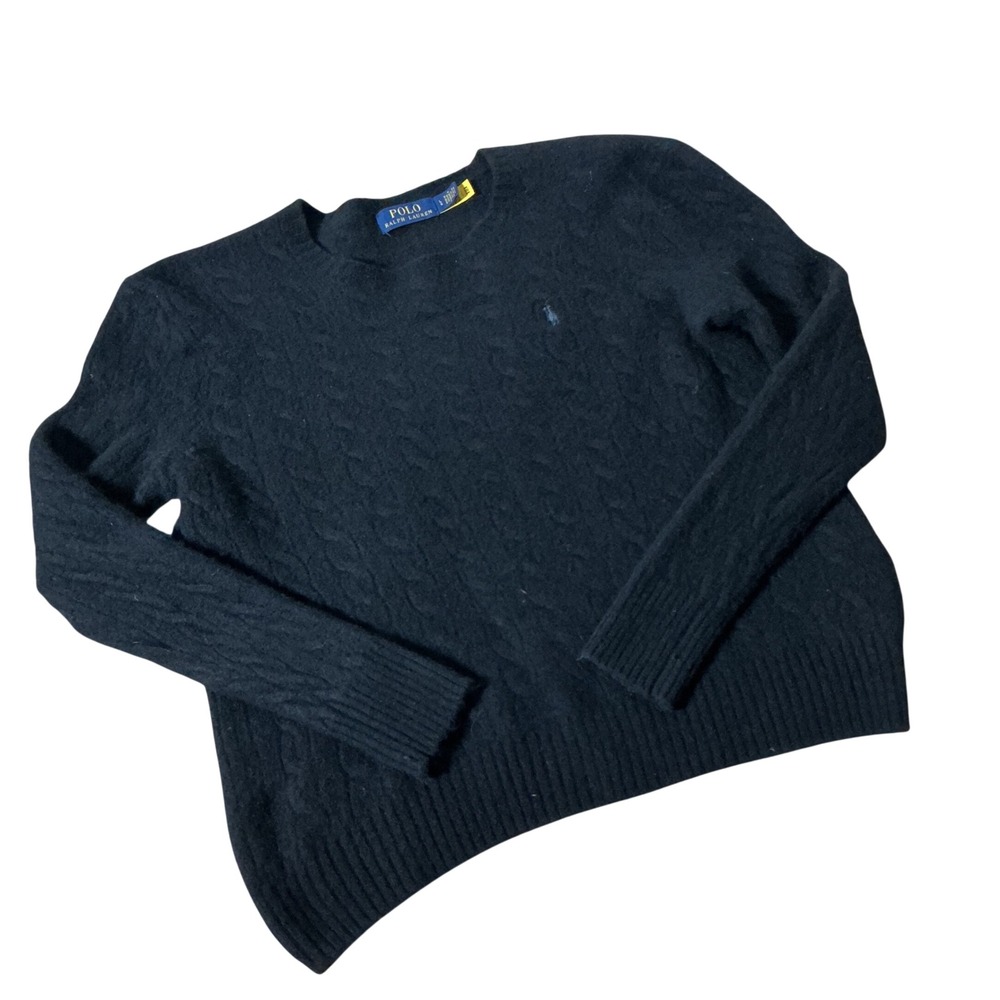 Polo Ralph Lauren Old Money Cable Knit Sweater Women L Black Wool Cashmere